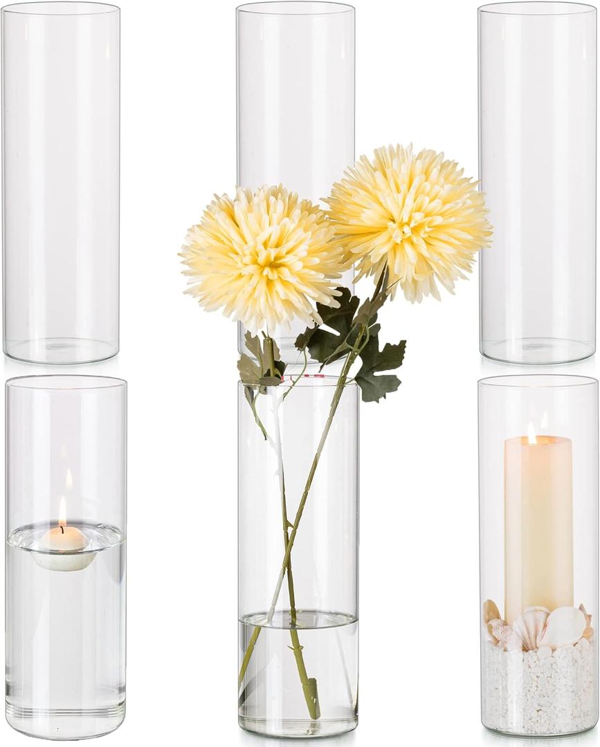 Hewory Glass Cylinder Vases Set of 6, Hurricane Candle Holders for Pillar or Floating Candles, Tall Clear Vase for Centerpieces, Round Vases for Wedding Anniversary Events Home Table Decor, 9.8in (D3.3" x H9.8")