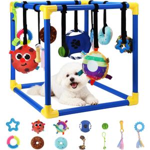 Puppy Play Gym with 12 Hanging Toys, Removable Dog Enrichment Playground, Interactive Indoor Training Activity Center for Small Dogs & Puppies, Adjustable PVC Frame, Teething & with Squeaky Toys