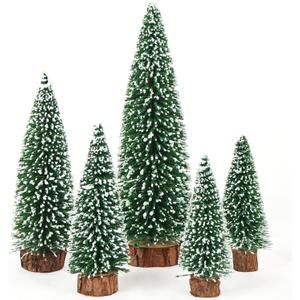 AerWo 5Pcs Mini Christmas Trees - Flocked Bottle Brush Trees With Wooden Bases for Tabletop Decor, Winter Holiday Table Decorations, Village Crafts