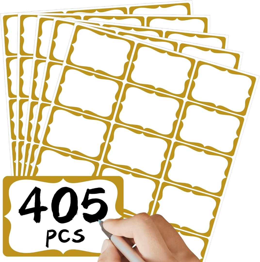 2 x CATIFLIN 405pcs Name Tags Stickers - Waterproof Name Labels for Kids School Supplies & Daycare - 3"x2" Blank Adhesive Labels for Baby Bottles, Clothing, Classroom - Elegant Bracket Shape, Gold Border