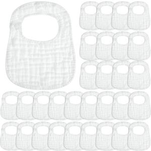 Reginary 30 Pack White Muslin Bibs Bulk for Boy Girl Muslin Baby Bibs Adjustable 6 Layers Cotton Bandana Soft Absorbent Washable Snap for Baby Decorating Newborn Infant Drooling Eating Feeding Gifts