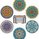 Nipichsha Coasters for Drinks, Set of 6 Cute Absorbent Ceramic Drink Coasters for Cup with Holder and Cork Base, Kitchen Home Decor Housewarming Gift, Round 4 in, Mandala Flowers