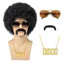 Afro Wig Men, 5pcs Set ( Glasses+ Necklace+ Mustache+ Wig Cap ) 70'S Costumes Disco Wig for Men Natural Fluffy Short Black Curly Synthetic hair for Halloween Chrismas Cosplay Party