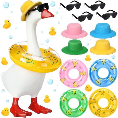 Summer Resin Porch Goose Statue with Hat Sunglasses Swimming Ring Clothes Cute Hawaii Resin Goose Figure for Summer Outdoor Garden Lawn Patio Yard Decor