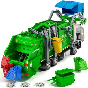 Garbage Truck Toy, Friction Powered Recycling Vehicles with Lights & Sounds, Includes 2 Dumpsters, 4 Trash Bins, 60 Garbage Sorting Cards, Great Gift for Boys Girls Kids Age 3 Years and Up