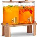 2 PCS 1 Gallon Drink dispenser, Glass Beverage Dispenser With Wood Stand, Large Water Drink Dispensers for Parties With Stainless Steel Spigot, Ideal for Lemonade,Juice, Tea, and Party Drinks