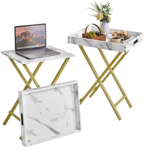 IBUYKE Foldable TV,End Table with Removable Food Serving Tray,Portable Wooden Snack Table for Livingroom, Bedroom, Office, Camping, White with Gold UTVT001G