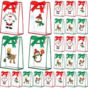 Gersoniel 24 Pack Christmas Clear Gift Bags with Handles Christmas Plastic Treat Bags with Bow Ribbons Transparent PVC Santa Elk Snowman Totes for Birthday Xmas Party Favors, 7 x 10 x 3.15 Inch