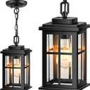 Black Outdoor Pendant Lights for Porch, Modern Hanging Porch Light, Waterproof Outdoor Pendant Lights with Tempered Glass, Aluminum Hanging Exterior Light for Patio, House, Adjustable Chain (Standard Size)