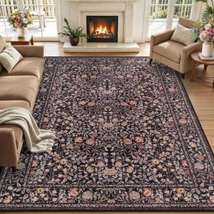 6x9 Area Rug Living Room: Soft Floral Washable Boho Carpet Brown