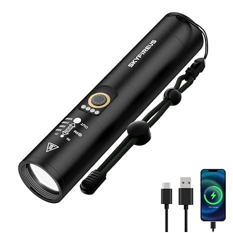 SKYFIRE LED Rechargeable Flashlight with Ignition Lens,2000000 lm Super Bright Tactical Flashlights High Lumens,Five Modes,Camping Flash Light for Outdoor,Emergency-Black