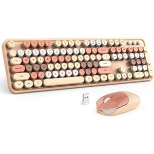 MOFII Wireless Keyboard and Mouse Combo, Milk Tea Colorful Round Key Typewriter Keyboards, 2.4G Full Size Keyboard and Cute Wireless Mice, USB Receiver Plug and Play, for Laptop, PC, Windows