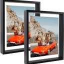 Trwcrt 8x10 Floating Picture Frame Set of 2, Double Glass Rustic Photo Frames Display up to 7 x 9 Photos for Tabletop or Wall Mount, Black