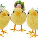 DR.DUDU Set of 3 Easter Decorations 4.5" Straw Chick Figurines with Egg Baskets, Realistic Baby Chick Tabletop Decor, Sisal Chicken Statue Farm Animal Spring Decor for Home Kitchen Office Farmhouse