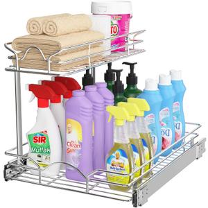 OCG Under Sink Cabinet Organizer Two Tier Pull Out Shelf (14.75W x 21D), Under Sink Sliding Shelf for Kitchen Bathroom Cabinet 2 Tier Chrome