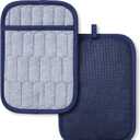 MARTHA STEWART Honeycomb Quilted Chambray Pot Holder 2-Pack Set, 100% Cotton, Flexible Non-Slip Silicone Grip, Heat Resistant, Navy Blue, 7"X10"