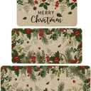 Artoid Mode Leaves Holly Merry Christmas Kitchen Mats Set of 3, Winter Home Decor Low-Profile Kitchen Rugs for Floor - 17"x29"+17"x36"+17"x47" (Green/Beige)