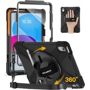 BRAECN for iPad (A16) 11th/10th Generation case 11/10.9 inch 2025/2022 Heavy Duty Shockproof Protective with Pencil Holder Screen Protector 360Rotating Stand Handle & Shoulder Strap Full Body Cover (Black)