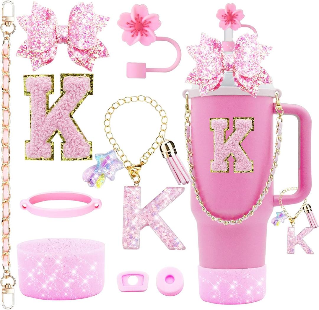 9PCS Bling Stanley Cup Accessories for 30oz & 40oz Tumbler with handle,Including Initials Charms,Leather Handle Strap,Straw Bow Decorate,Straw Topper,Boot,Spill Proof Stoppers,Sticker(pink K)