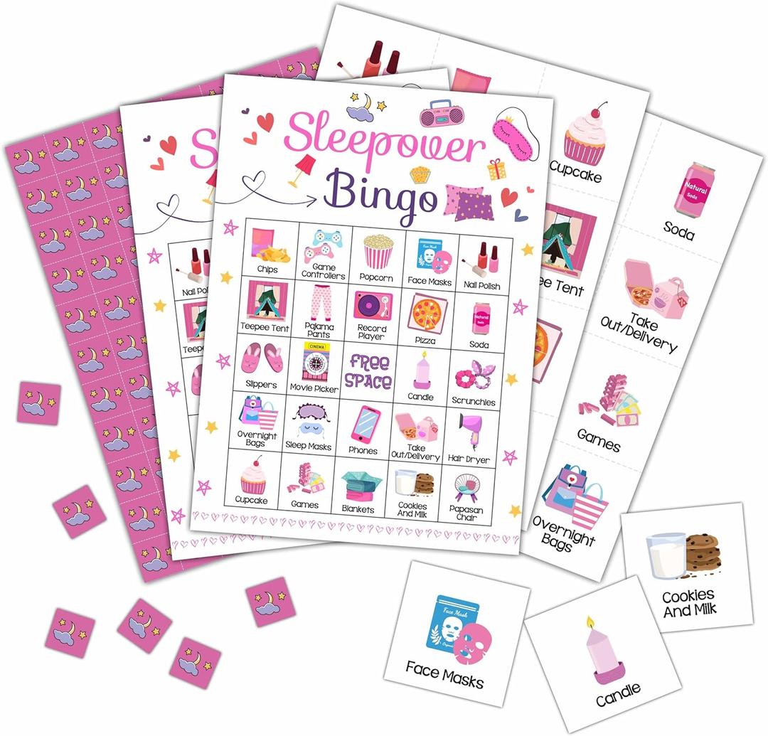 Sleepover Bingo Cards, Pajama Party Game for 24 Players, Slumber Party/Bridal Shower Games for Friends Besties, Women Birthday Party Favors Supplies Decorations(34)