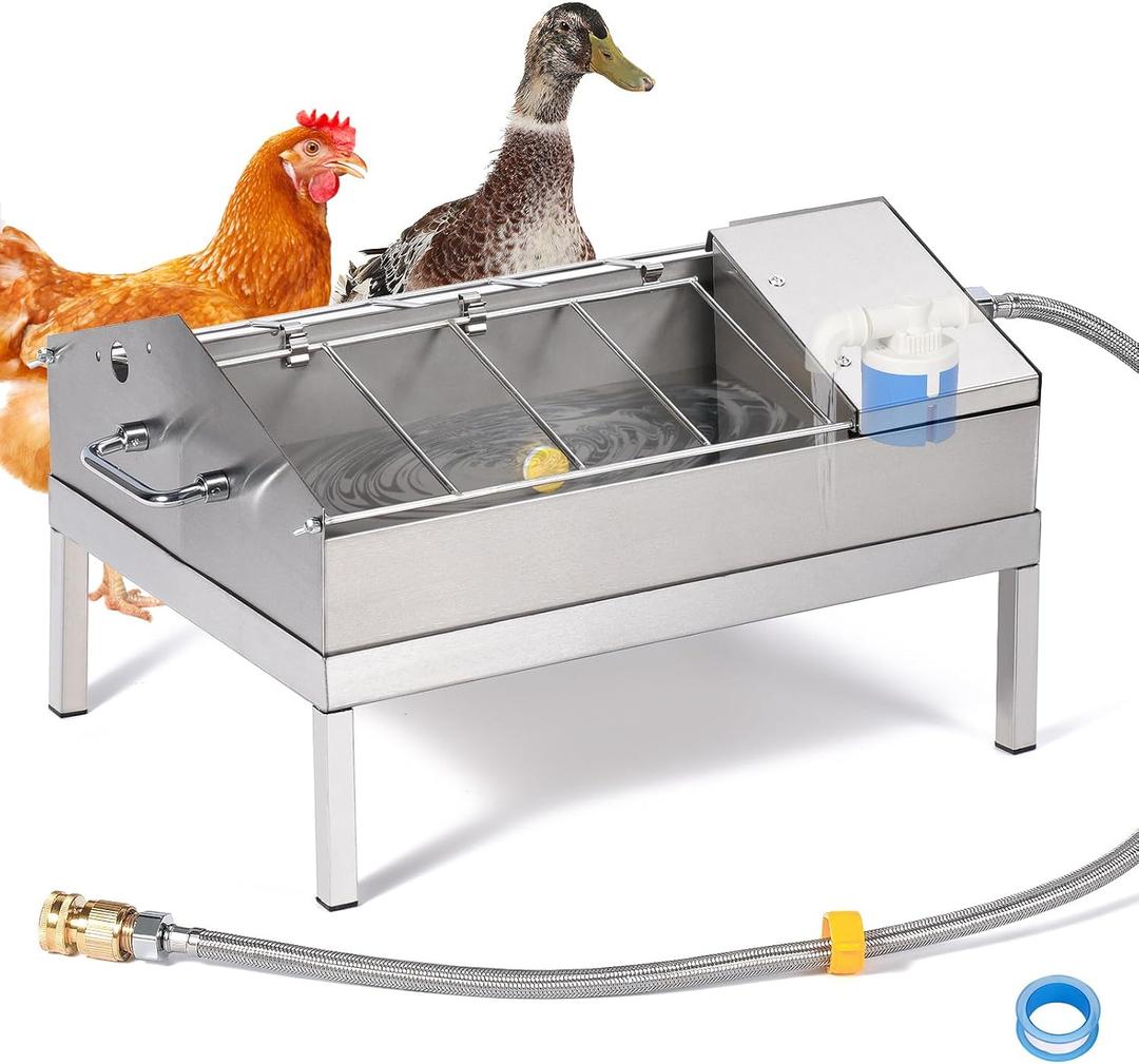 Automatic Chicken Waterer and Feeder 3 in 1 Stainless Steel Chicken Water Feeder Easy-Fill Float Valve Poultry Waterer Dispenser Drinker Watering System for Chicks, Duck, Goose, Turkey