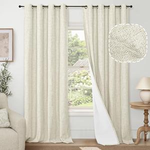 Lajode 100% Blackout Curtains 96 Inches Long for Living Room 2 Panels Set, Textured Floor Length 95 Inch Thermal Insulated Faux Linen Bronze Grommet Boho Window Drapes, Each 52" Wide, Natural