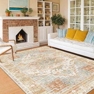 Washable Area Rugs Boho Non Slip Stain Resistant Thin Carpet Vintage Orange Printed Oriental Foldable Distressed 6x9 Rug for Living Room Bedroom Indoor House (Orange/Cream/Affogato/Gray)