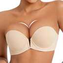 Rasback Strapless Push Up Bras for Women Deep Plunge Thick Padded Add 1 Cup Underwire Bra Beige 34B
