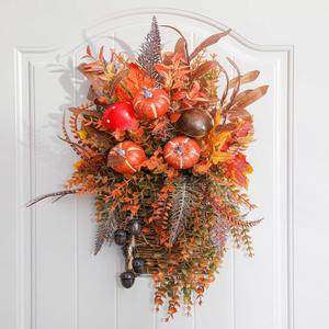 Norme 23" Thanksgiving Basket Wreath for Front Door Fall Wreath for Front Door Fall Artificial Rattan Hanging Basket, Pumpkin and Pine Cones Autumn for Harvest, Thanksgiving, Home Decor