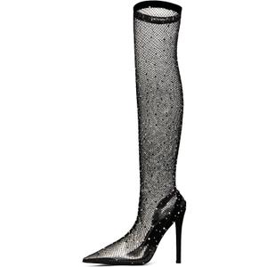 NEWBELLA Women's Rhinestone Mesh Pointed Toe Stiletto Heeled Boots  Sexy Knee High Slip-On Glitter Sock Boots for Party, Night Out, Clubwear Black 8