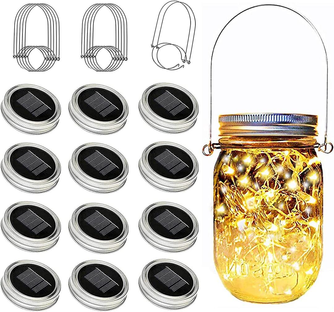 12 Pack Solar Mason Jar Lid Lights - 30 LED Firefly Fairy String Lights, Waterproof Outdoor Solar Lights with Hangers for Regular Mouth Jars (No Jars Included) (12pack-Warm White)