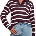 TAKEYAL Women's Striped Long Sleeve Knit Tops Polo V Neck Knitted Pullover Casual Sweater Tops 2024 S-2XL Wine Red, Small