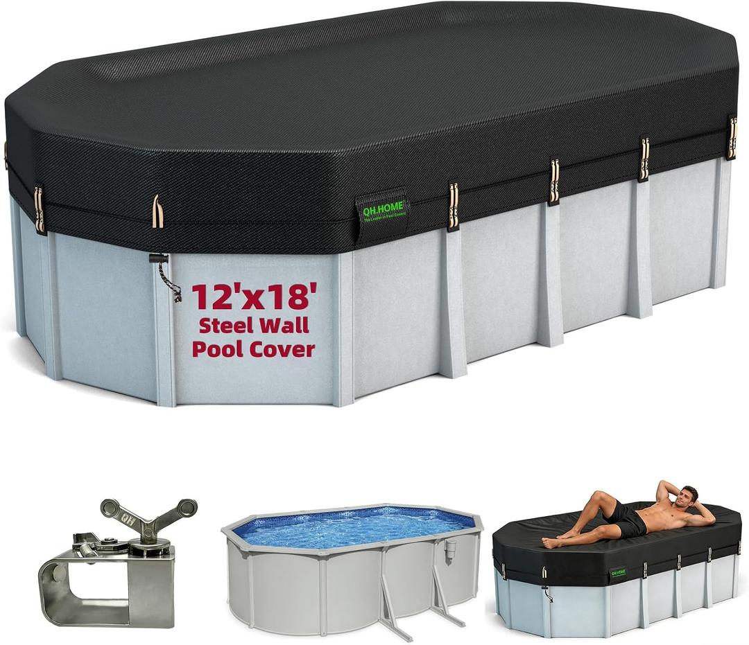 QH.HOME 550D 12x18 FT Oval Pool Cover [Upgraded Tear Resistant & Threefold Windproof] wth Pre-Installed Winch and Rope,Pool Covers for Above Ground Pools Oval-Snug Fit & Waterproof Protection, 12'x18'Oval-Steel Wall