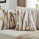 FUTEI Pack of 2 Faux Fur Plush Throw Pillow Covers 26x26 Inch Soft Tie Dye Striped Textured Farmhouse Decorative Euro Pillow Shams Modern Home Decor for Couch Bed Living Room, Brown White