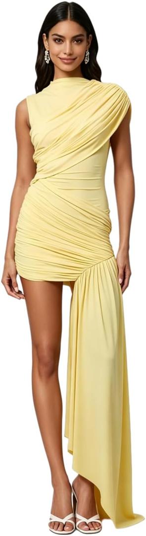 JUMISEE Womens Elegant Irregular Ruched Mini Dress Flowy Ribbon Bodycon Cocktail Dress Sexy Pleated Formal Dresses, Large