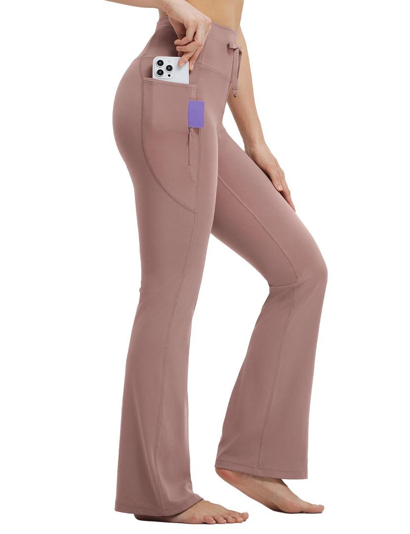 baleaf Womens Flare Leggings with Zipper Pockets Drawstring Flared Yoga Pants Bell Bottom Leggings Tummy Control Beaver Brown XS (XS)