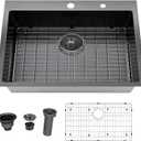 Friho 33x22 Inch Drop in Kitchen Sink, Black Stainless Steel Sink, Modern Top Mount Large Single Bowl Basin with Basket Strainer and Dish Grid