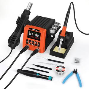 TOOLOUR 2IN1 851D Soldering Station, Iron Kit, 302°F932°F Fast Heating, Hot Air Rework Desoldering Kits includes 9 Accessories, Dual Channel Control, 90Level Airflow, ESD Save for SMD, PCB, DIY