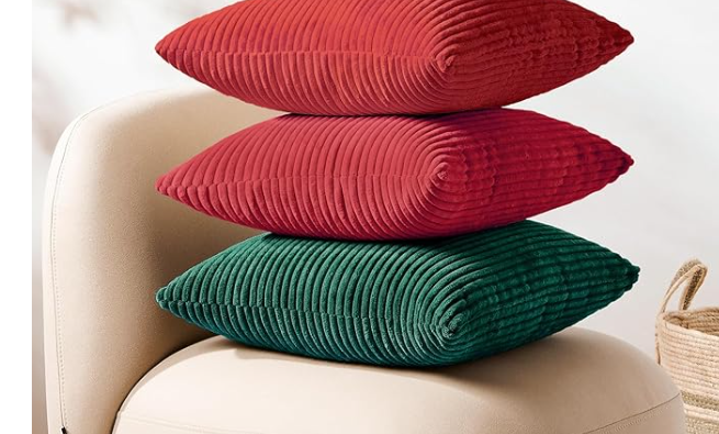 Christmas Decorative Pillow Covers 18x18, Set of 4 Soft Striped Corduroy Throw Pillow Cover for Holiday,  Pillow Cases Decor for Sofa Couch Cushion Living Room, Red Green