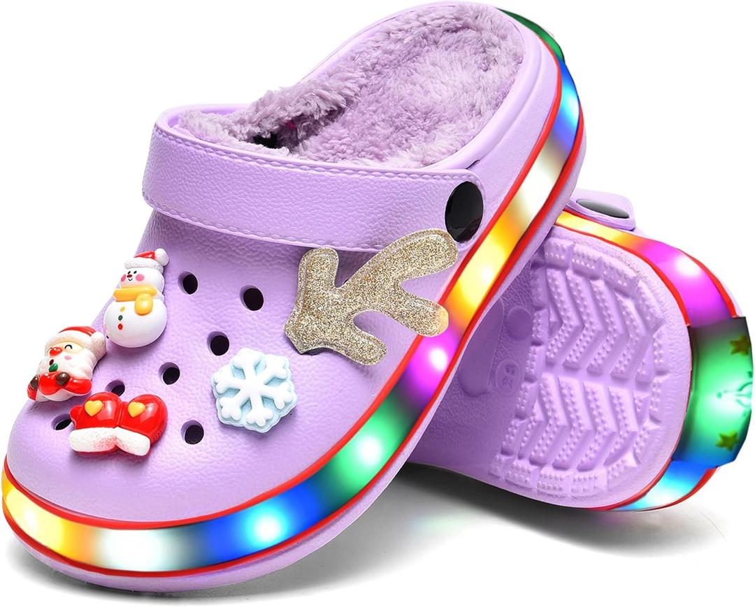 Kids' Boys Girls LED Clogs Cute Garden Shoes Cartoon Slides (1 Little Kid, Furry-purple)