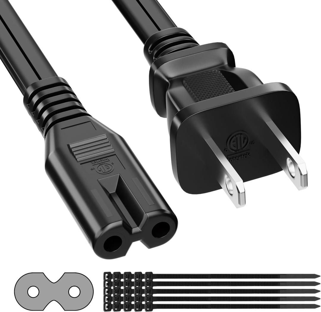 2 Prong Power Cord 25 FT, Non-Polarized AC Power Replacement Supply Cable, 7A, 125V, ETL Compatible with PS5/PS4 Samsung LG TCL Sony Roku TV, Xbox, Laptop, Printer, C7 to 1-15P, Black, with 25 Ties