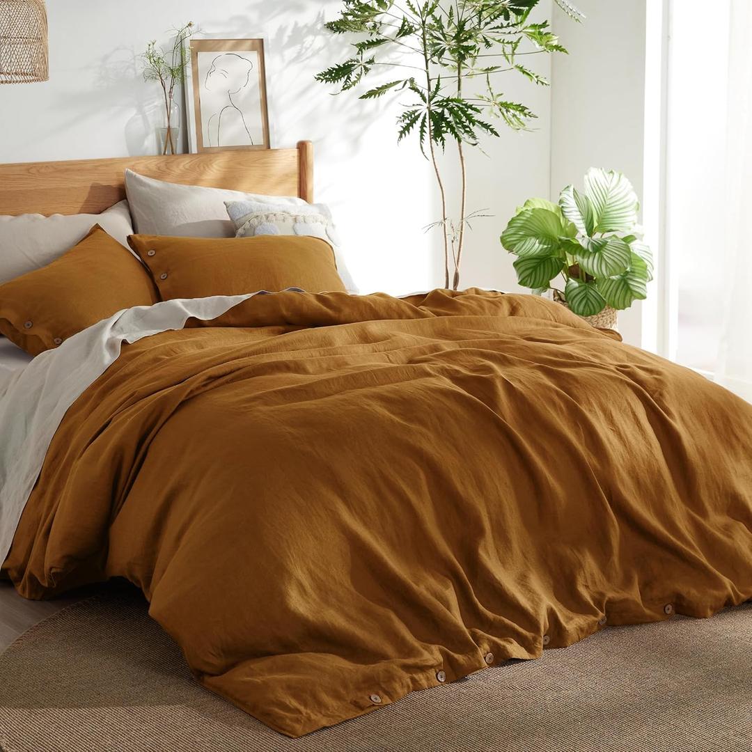 Bedsure Linen Duvet Cover King - Linen Cotton Blend Bedding Set, Soft & Cozy, 3 Pieces, 1 Duvet Cover 104x90 Inches and 2 Pillowcases, Honey Ginger Color Cooling Bedding, Comforter Sold Separately (King (104" x 90"), 07 - Honey Ginger (No Comforter))