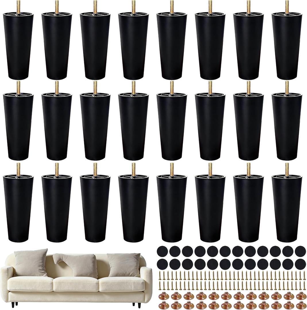 FabricJoy 24 Pack 8 Inch Plastic Furniture Legs Replacement Couch Legs Chair Feet Dresser Sofa Table Cabinet Bed Furniture Feet with M8 T-Nuts Screws Tapered for Home DIY Projects