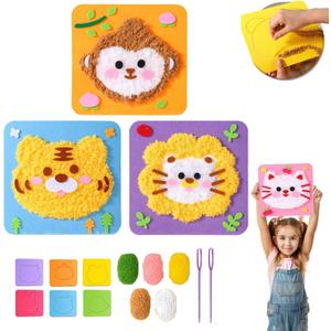 DIY Embroidery Doll Set for Kids - Cartoon Animal Sewing Arts and Crafts Kit with Felt, Yarn & Safety Tools | Learn to Sew Educational Toy for Girls & Boys Ages 3+ | Easter, Birthday Gift, 8.27"