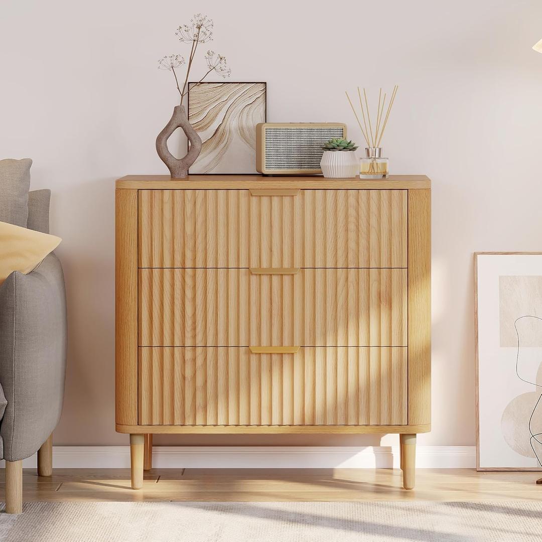DWVO Fluted 3 Drawer Dresser, 32.5 Wider Modern Dressers Chest of Drawers with Solid Wood Legs, Wood Storage Dresser Organizer for Dorms, Flats, Living Rooms, Hallways,Natural Oak