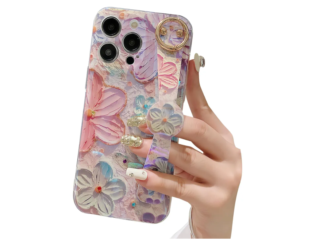 siduater Hand Strap Holder Case for 6.1" iPhone 15 Pro with Kickstand - Wrist Strap Band Soft Pattern Shockproof Cover, Adjustable Handle Grip Loop for iPhone 15 Pro 6.1 Inch, Floral Pink