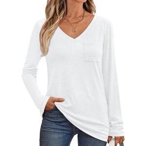 AUTOMET Womens Long Sleeve Shirts V Neck Casual Tops with Pockets Loose Dressy Basic Fall Outfits Clothes Winter Trendy 2025 (Small, White)