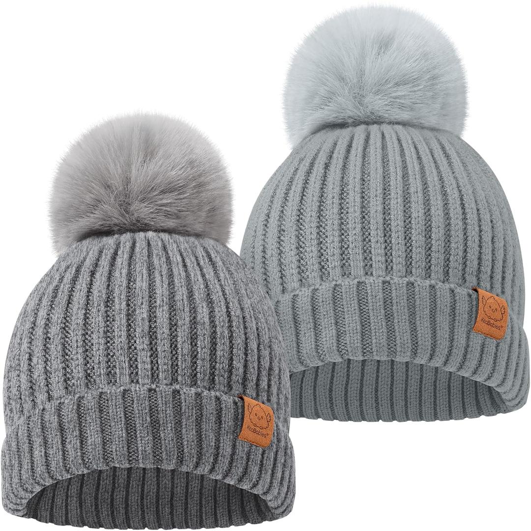 2-Pack Baby Hats for Girls, Boys - Stretchy Baby Beanies, Cute Newborn & Toddler Winter Hat, Soft & Warm Pom Pom Beanie for Infant, Toddler, Boys, Girls 6-36 Months (Steel, M)