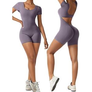 Short Sleeve Jumpsuit Workout for Women Square Neck One Piece Backless Tummy Control Bodycon Scrunch Butt Yoga Rompers, Size: XS