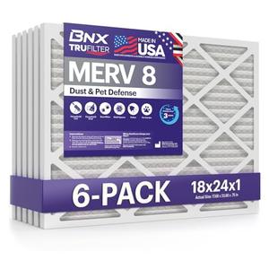 BNX TruFilter 18x24x1 Air Filter MERV 8 (6-Pack) - MADE IN USA – Dust & Pet Defense Electrostatic Pleated Air Conditioner HVAC AC Furnace Filters for Dust, Pet, Mold, Pollen MPR 600 – 700 & FPR 5